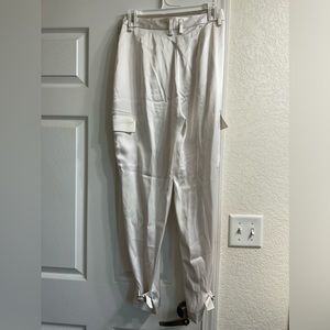 high-rise cargo pants with a darted back waist